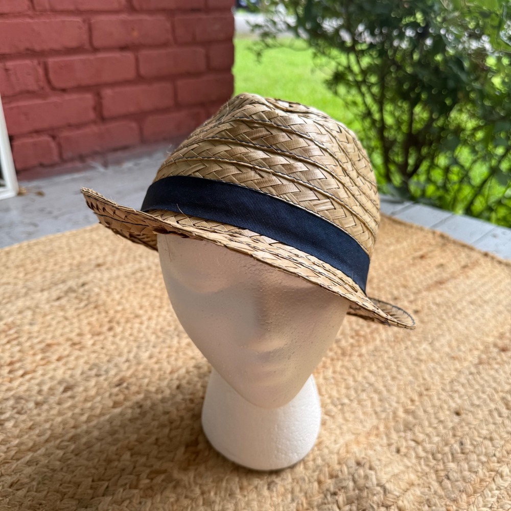 Route 66 Mens Straw Fedora Hat Tan Navy Blue Ribbon Band NWT L XL